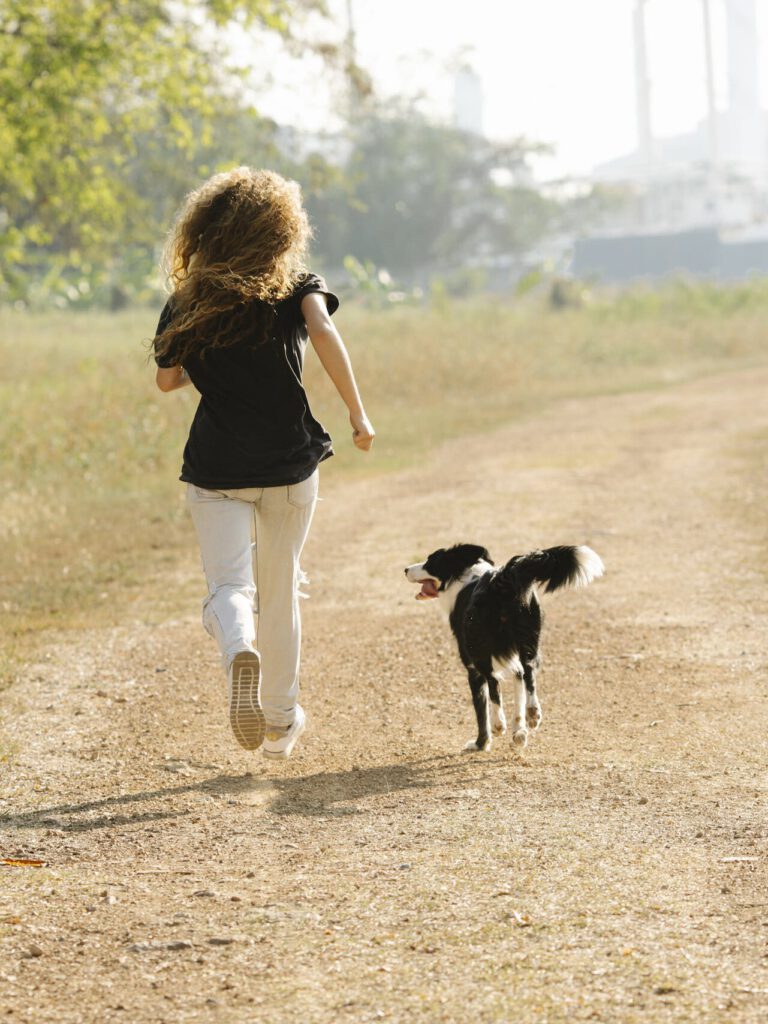 Unrecognizable sportswoman running with Border Collie on path in park
